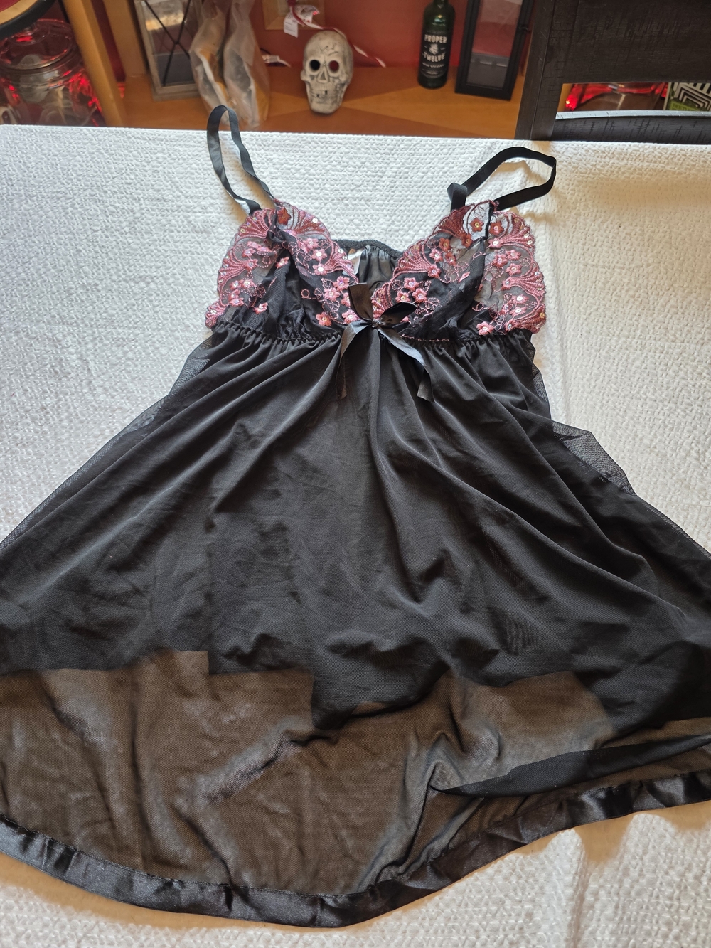 Black Chemise with Pink Floral Lace Cups 1x